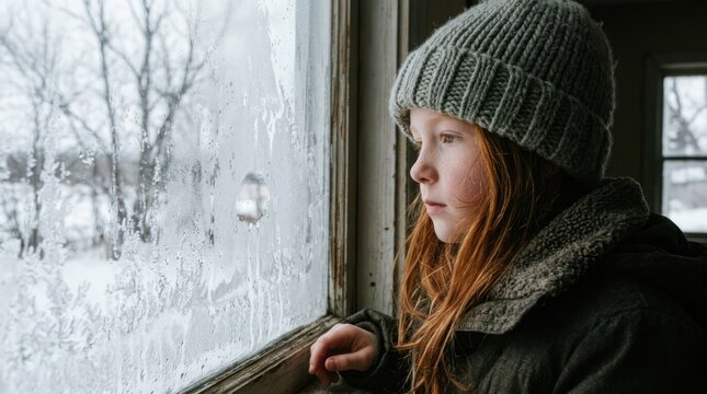 A solitary young woman gazes out of a window on the first day of winter contemplating the cold and snowy