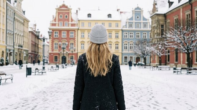 A solitary figure embraces the serene beauty of the first day of winter in a picturesque european city square covered