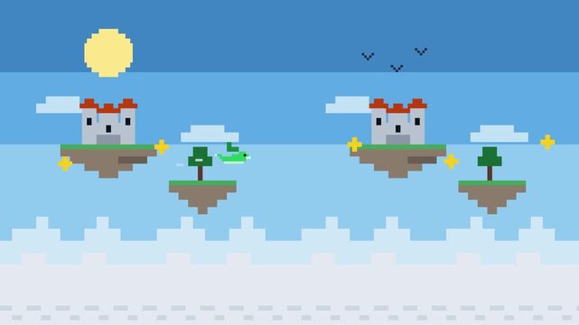 Pixel art video game level scrolling with floating islands