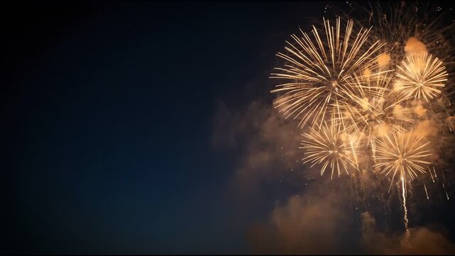 Golden fireworks explode against a dark night sky with copy paste 