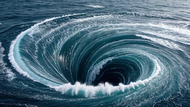 Vortex pulling swirling ocean currents into deep aquatic abyss. High angle view tracking massive maelstrom churning violent white water.