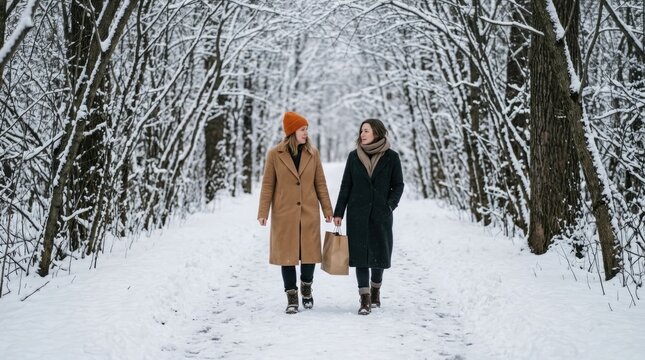 A serene winter landscape unfolds as two figures walk along a snow covered path through a frosted forest embracing the