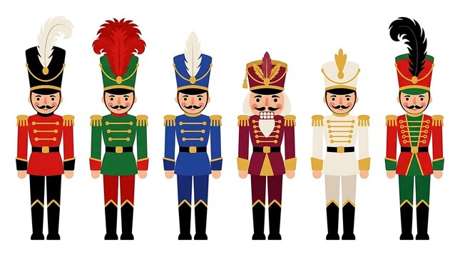 A collection of colorful traditional wooden nutcracker soldier figurines standing in a row on a white background
