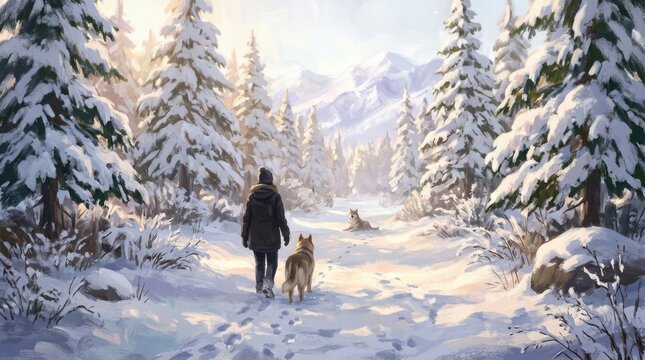 A serene winter landscape unfolds as a person and their canine companion embark on a peaceful journey through the snow