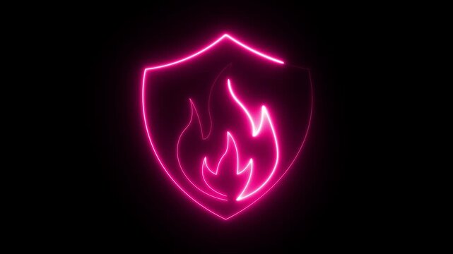 Neon fire shield featuring a bright glowing pink outline and inner flame symbol isolated on black. Motion graphics animation.