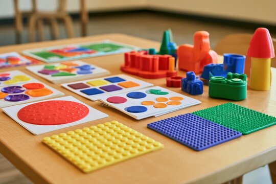 Tactile learning aids with textured flashcards and manipulatives on table