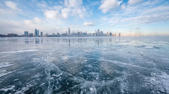 A breathtaking winter landscape featuring a frozen body of water reflecting a distant cityscape under a cloudy sky evoking a