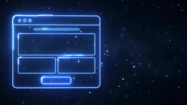 Glowing blue website browser display wireframe layout template frame on dark studio background