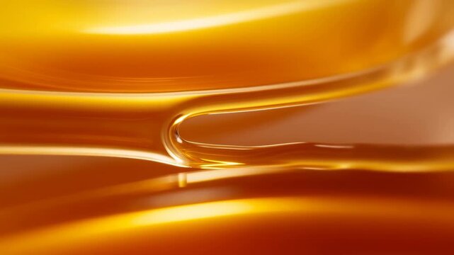Glossy amber liquid curving into a smooth fold over a warm golden surface