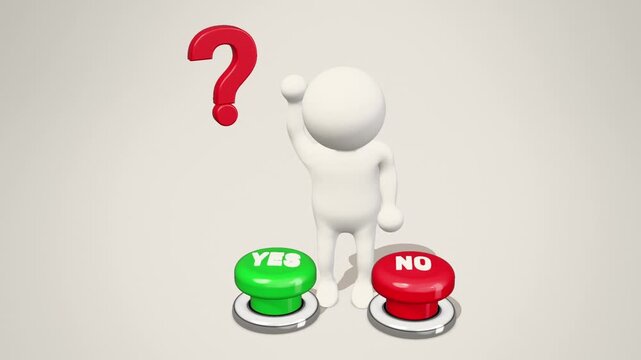 Yes or no decision 3D animation, white figure with question mark presses the green yes button and cheers