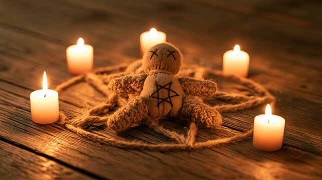 Halloween Holiday Theme. a teddy bear with a pentagram on its chest, surrounded by five lit candles on a rustic wooden surface. The candles emit a warm, golden light.