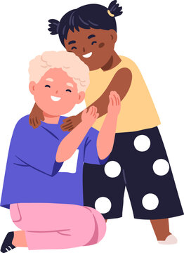 Happy children friends hugging. Cute little kids of different race. Excited boy and black girl smiling and embracing. Joyful toddlers together. Flat vector illustration isolated on white background.