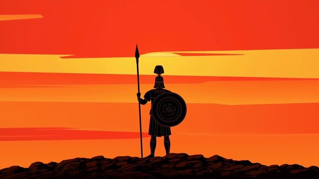 Silhouetted warrior with spear and round shield standing on rocky hill at sunset