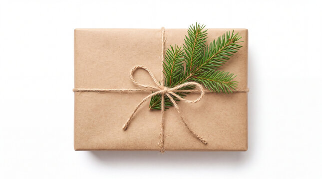 Christmas gift box wrapped in brown kraft paper with twine bow and pine branch on white background, top view