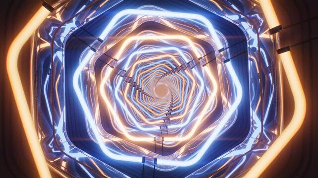 Chrome and neon tube ring tunnel in orange and electric blue twisting in a slow corkscrew seamless 3d flythrough loop