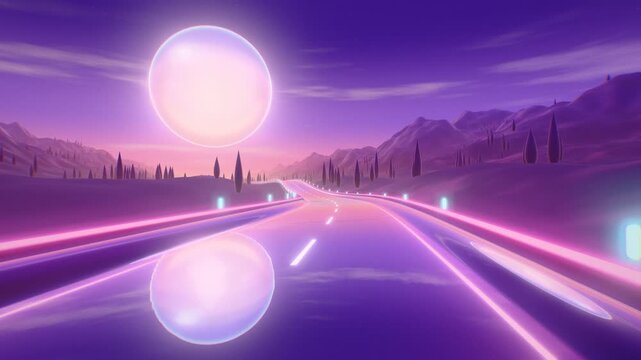 Retro wave synth highway camera ride through lavender dusk hills under giant frosted sphere sun