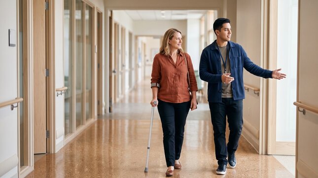 Coordinator guides patient through accessible clinic corridor
