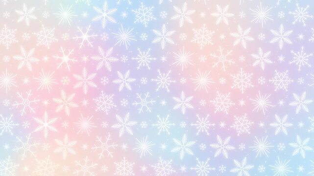 Snowflake pattern background, white snowflakes drift over a holographic pastel gradient, seamless loop