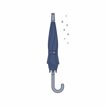 Flat vector illustration of a dark blue folded umbrella dripping with falling raindrops, ideal for weather forecast icons, rainy day concepts, autumn climate graphics, and seasonal protective gear des