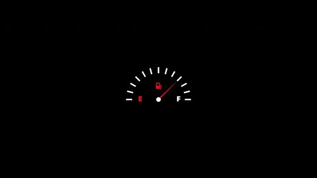 Animated automobile fuel gauge indicator with needle on transparent background