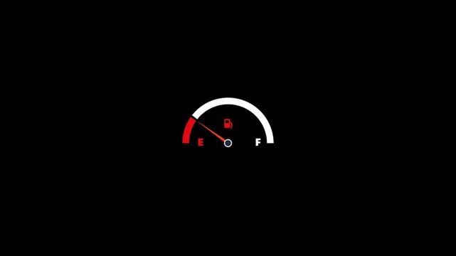 Animated Car fuel gauge needle moving from full to empty on a transparent background