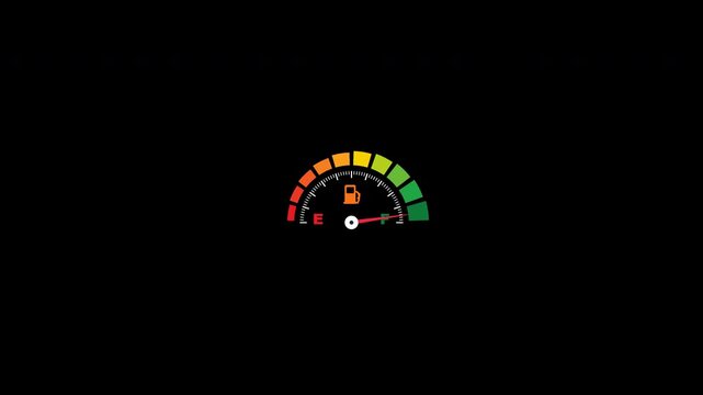 Animated Car fuel gauge needle moving from empty to full on transparent background
