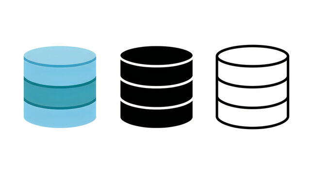 Three stylized database icons with different color schemes