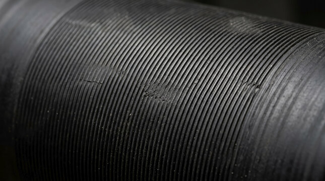 Close-up of black rubber roller surface with parallel ridges. Macro texture of industrial cylindrical machinery part