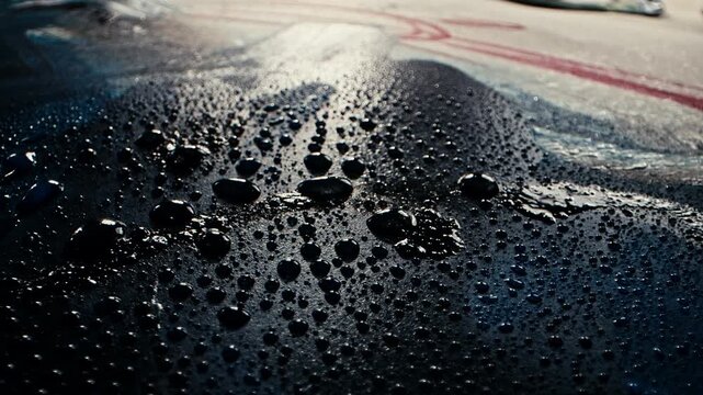 Macro low angle of backlit droplets beading on glossy dark paint