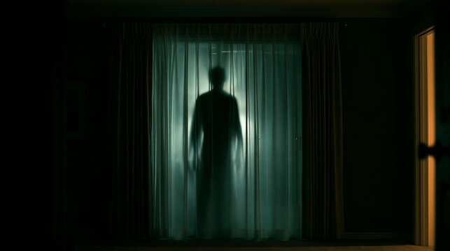 Halloween Holiday Theme. a solitary figure standing in front of a sheer, lightcolored curtain. The figures shadow is cast on the curtain, creating a sense of depth and mystery. The room is dimly lit.