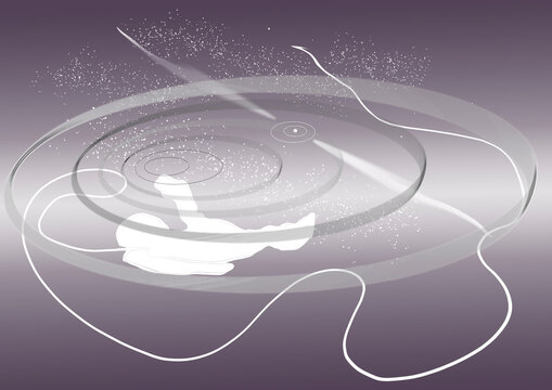 Astronaut in a white spacesuit with radio beacon floating in open starry space toward a pulsar