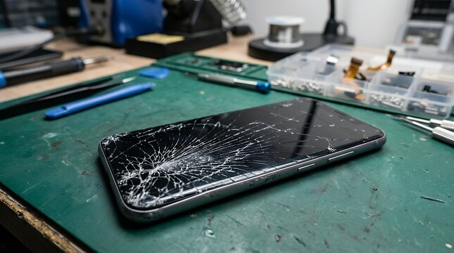 Damaged modern touch screen mobile phone showing spiderweb crack pattern on glass surface requiring technical repair service isolated view on blurred work background showing ruined electronic broken
