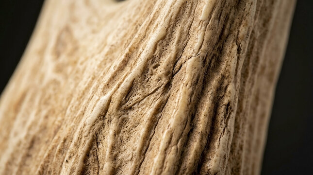 Macro texture of a deer antler surface. Close-up of natural bone ridges and porous organic structure. Earthy brown and beige background
