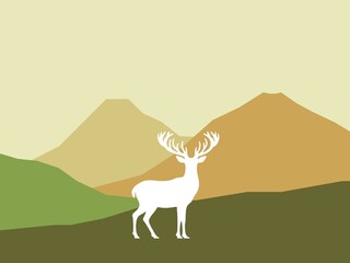 White deer silhouette with antlers standing in front of hills and mountains landscape vector illustration. © Coollabs13