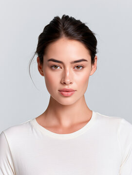 Young Woman Wearing Blank Ivory T-Shirt in Minimalist Fashion Studio Portrait
