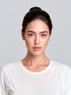 Young Woman Wearing Blank Ivory T-Shirt in Minimalist Fashion Studio Portrait