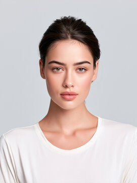 Young Woman Wearing Blank Ivory T-Shirt in Minimalist Fashion Studio Portrait