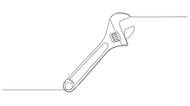 animated continuous line drawing of adjustable spanner or wrench, repair and maintenance line art animation