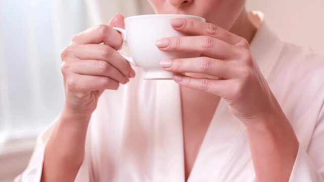 Young woman in silk robe drinking tea. Close-up of hands holding white ceramic cup during morning routine. Panning and tilting camera movement.