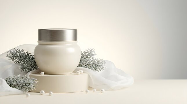 A serene christmas scene featuring elegant skincare products amidst winter foliage and a soft festive ambiance