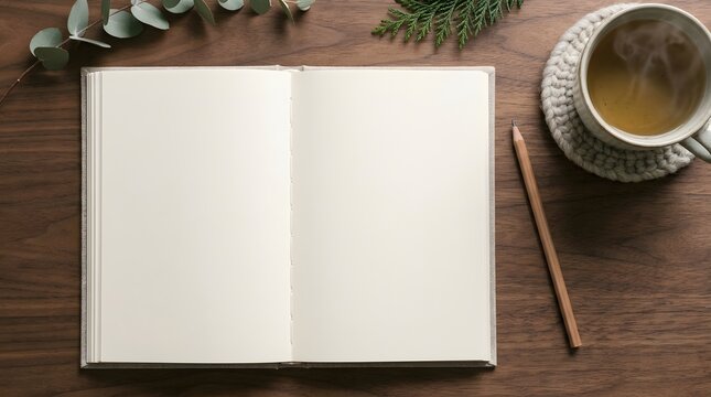A cozy christmas scene featuring an open notebook tea and festive foliage for journaling and reflection