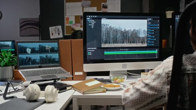 Rear view of Asian young adult male CGI artist editing explosion visual effects on computer in creative office. Ideal for film post production tutorials and multimedia industry promo