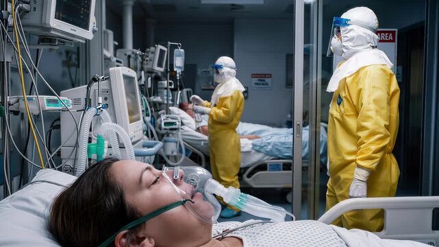Medical staff in hazmat suits treating patient in quarantine zone. Healthcare workers following viral protocol in intensive care unit. Lockdown shot with vertical tilt.