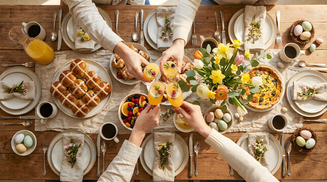 Family celebrating easter brunch with a toast of drinks around a festive table celebration breakfast gathering