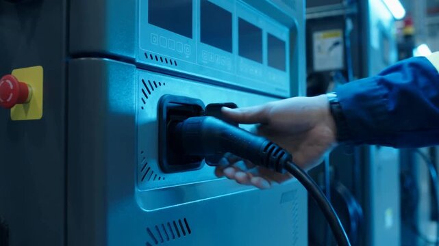 Hand inserts a cable plug into an equipment cabinet socket