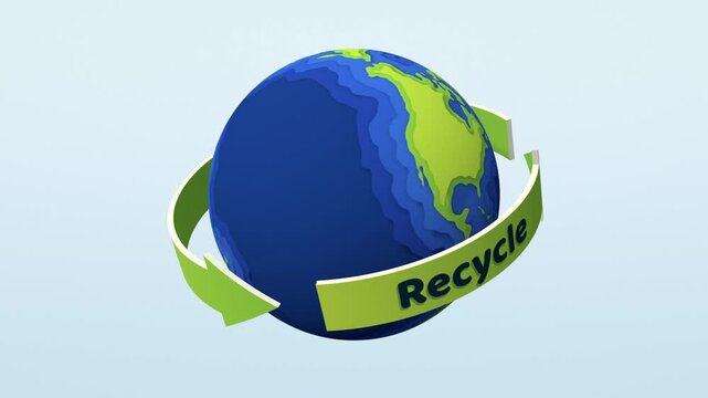 Reduce reuse recycle globe animation, paper cut Earth spins inside a green arrow ribbon, seamless loop