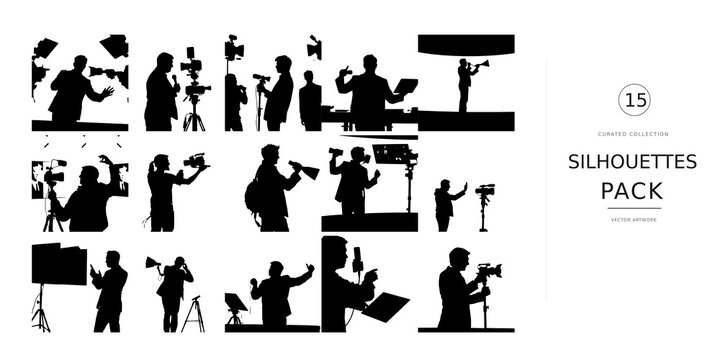 Person Broadcasting the News Silhouette in Dynamic Pose, Professional News Reporter and Television Presenter Black Silhouette Vector Illustration on White Background Pack