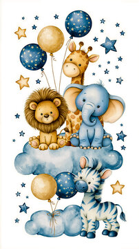 A colorful illustration of a lion giraffe and zebra with balloons and stars in the background