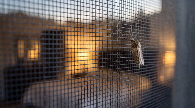 Mosquito resting on window screen mesh at dusk
