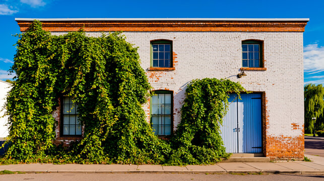 A white brick building with green ivy growing on its walls and a blue door